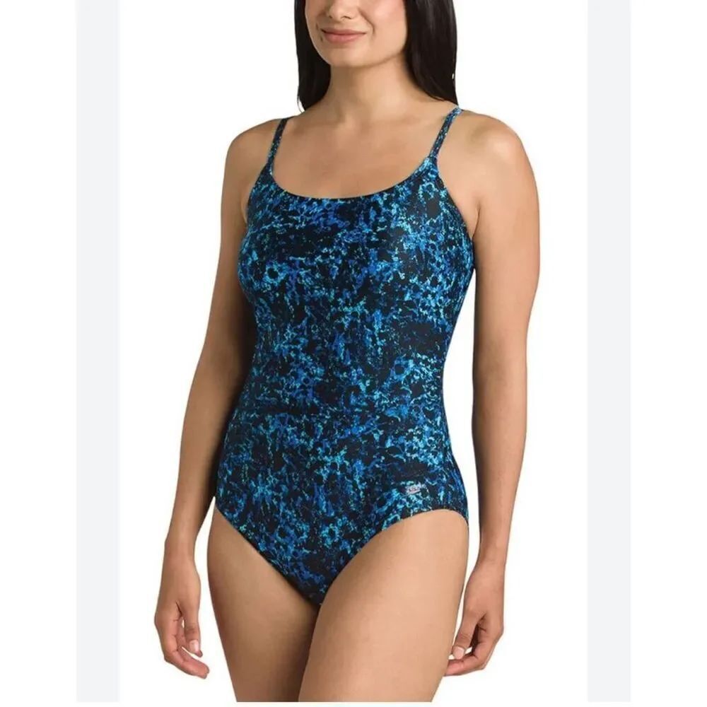 Speedo Ultraback Blue & Black Speck Training Swimsuit Sz 6 NWOT